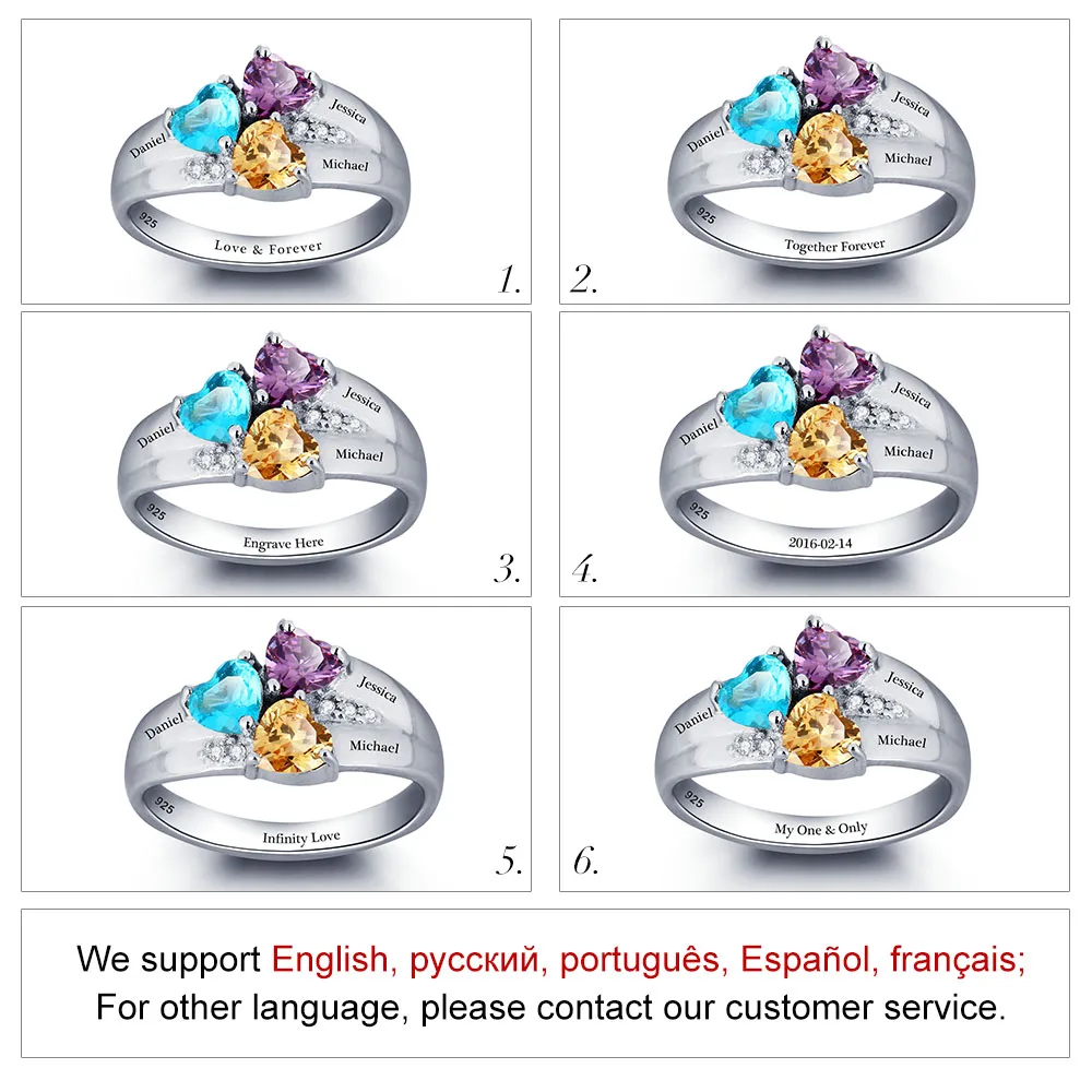 Персонализированное кольцо, которое можно Выгравировать Имя, с каменами, соответствующий месяцу своего рождения Ювелирные Изделия Кольцо на форме Сердца 925 Серебряное Кольцо Подарок День Рождения(JewelOra RI101793