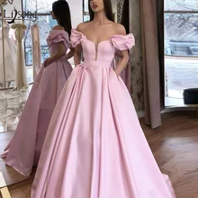 Модное розовое атласное ТРАПЕЦИЕВИДНОЕ платье для выпускного вечера с карманом и открытыми плечами длинное вечернее платье с оборками простое торжественное вечернее платье