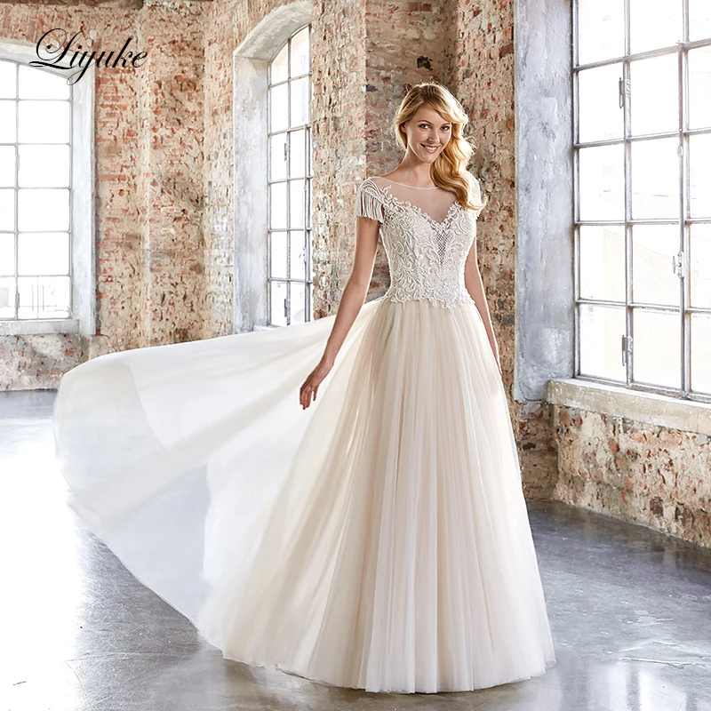 

Liyuke Elegant Natural Waistline Puffy Tulle A-Line Wedding Dresses Short Sleeve Princess vestido de novia