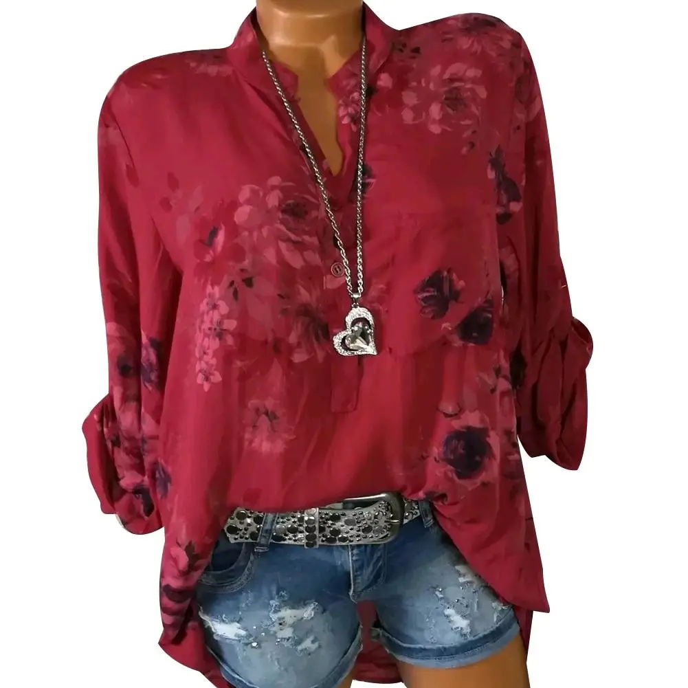 

New Fashionable Print V-Neck Long Sleeve Shirt Casual Top For Women
