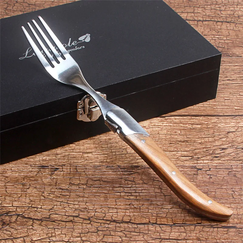

Natural Wood Handle Forks Foldable Tableware Set Stainless Steel Collapsible Dinner Steak Fork With Gift Box Dinnerware 6pcs/set
