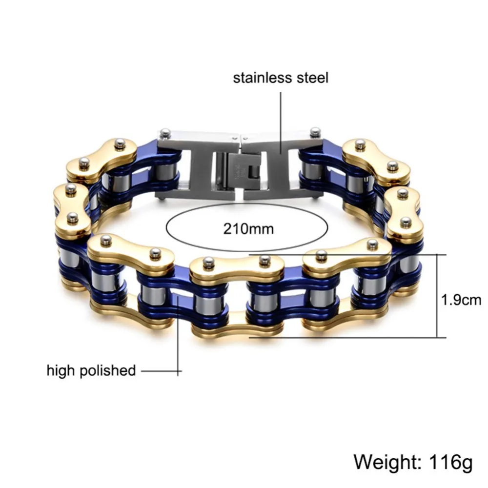 Men's 19mm Wide Heavy Solid Gold Blue Bike Chain Bracelet for Men Stainless Steel Motorcycle Bicycle Bangle Male Jewelry Fashion Jewelry