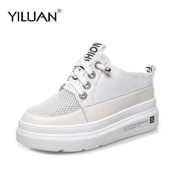 

Summer Leather Slippers Casual size women's shoes Platform small size 32 33 34 woman shoes White half slippers Cutout Wedges