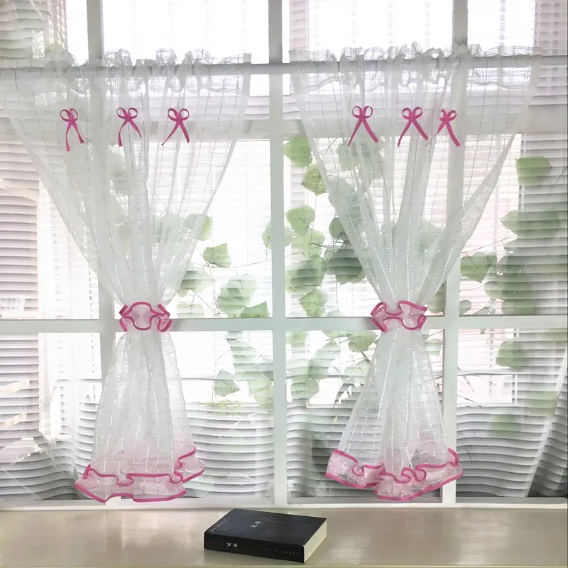 

White Short Curtain Coffee Curtain With Pink Rosett Kitchen Curtain Semi-shade Tulle Curtain for Home decorative 2 Pieces