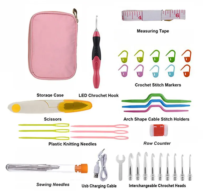 Looen 2.5mm-6.5mm Rechargeable LED Crochet Hook Set Heads Scissors Needles Accessories Knitting Needles Set With Waterproof Bag