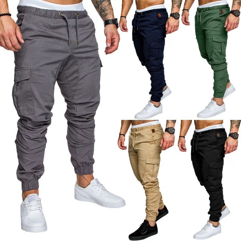 Мужские тонкие одноцветные повседневные брюки с украшением, мужские хип-хоп штаны-шаровары для бега, штаны с несколькими карманами, спортивные штаны