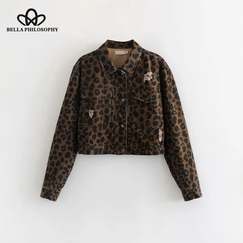 Wonder 2018 new autumn Vintag leopard print frayed short Jacket ladies long sleeve pocket casual slim outwear denim Coat jean
