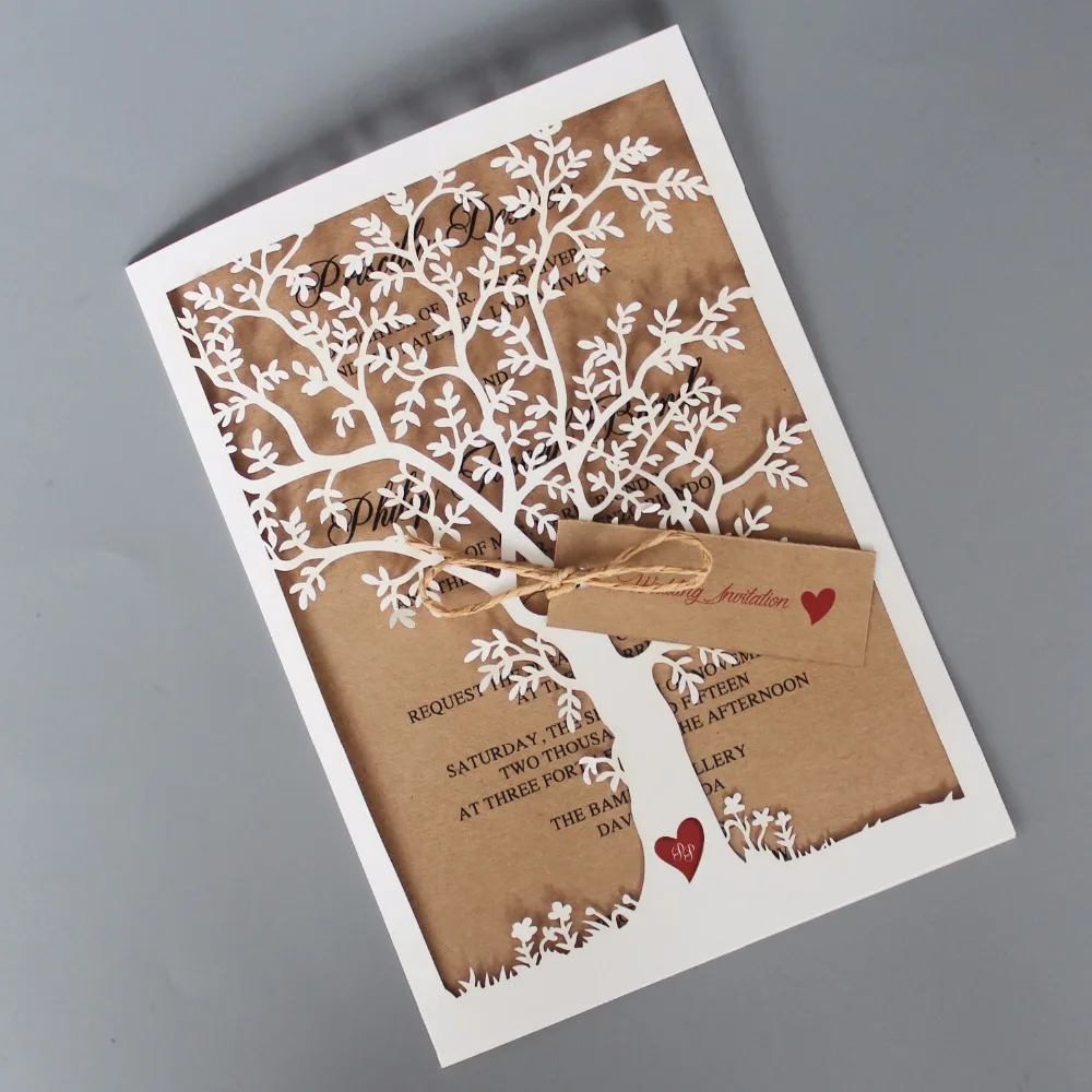  Rustic Wedding Invitation Laser Cut Wedding Invitation Cards Tree Wedding Invite With Tag - set of  - 32900553518