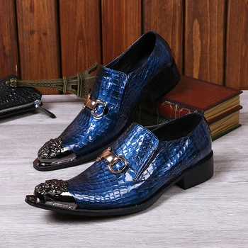 

Western Style Pointed Metal Toe Men Dress Shoes Slip On Oxford Shoes For Men Snakeskin Pattern Zapatos Hombre Flat Chaussures