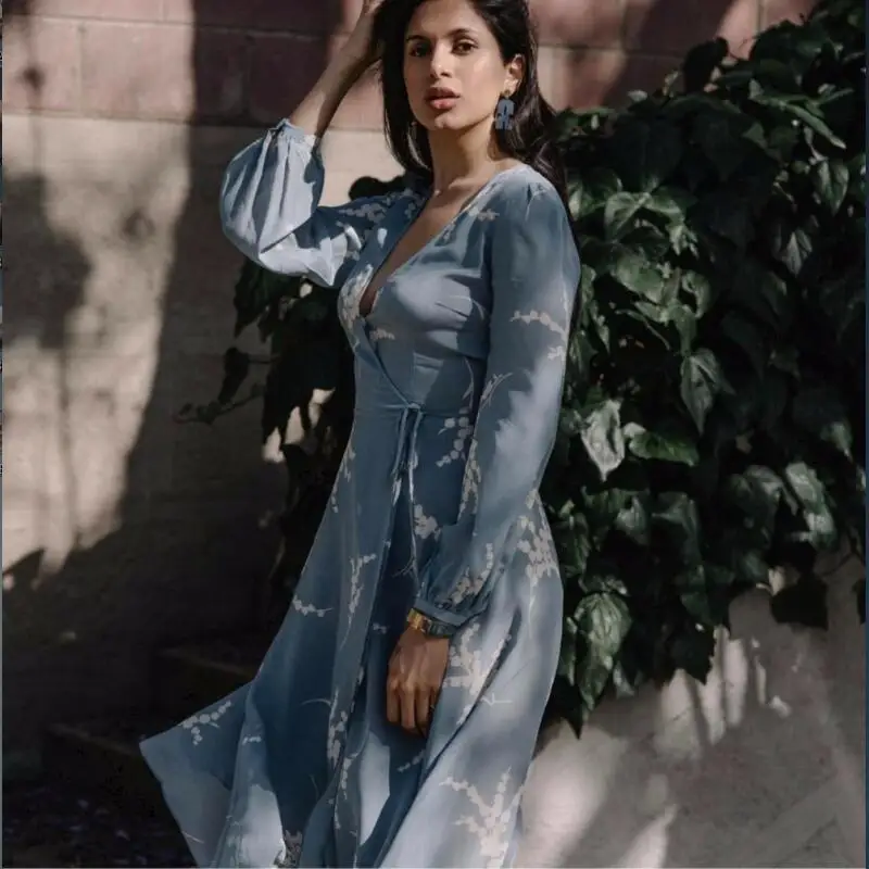 

100% Silk Painted Floral Print Wrap Midi Dress Blue Long Sleeve Dark V Neckline Sexy Dresses Women Holiday Summer