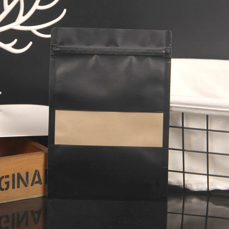 Leotrust, 50 шт./лот, черная крафт-бумага, матовое окно, сумка, стоящая, для закусок, печенья, чая, кофе, упаковка, мешок X-mas, бумажная подарочная сумка