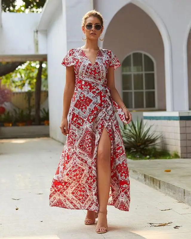 Сексуальное Платье макси с v-образным вырезом и цветочным принтом, бохо, повседневное длинное шифоновое летнее пляжное платье для женщин Vestidos - Цвет: Big red