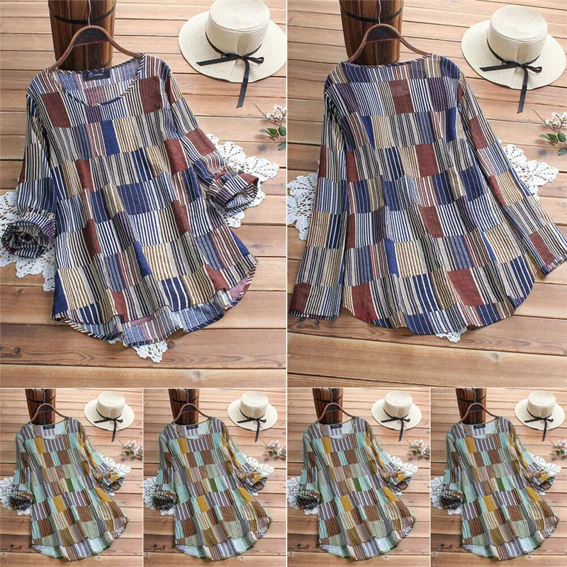 

Womens Summer Striped O-Neck Long Sleeve Check Blouses Loose Baggy Tops Tunic Shirts Plus Size