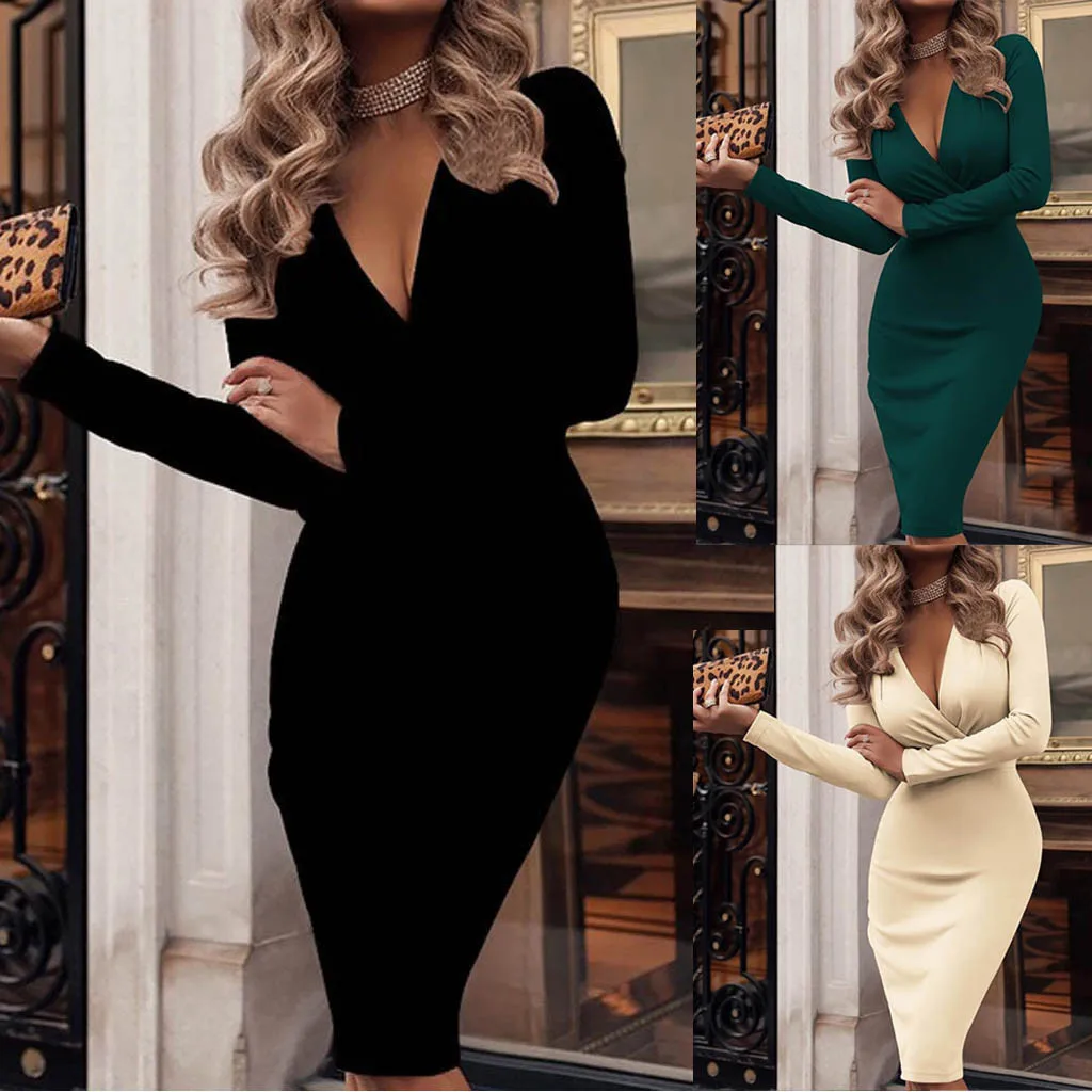 

Women Long Sleeves Deep V-neck Slim Fit Work Dress Vintage Office Ladies Clothing Solid Color Beige Black Green Winter Dresses