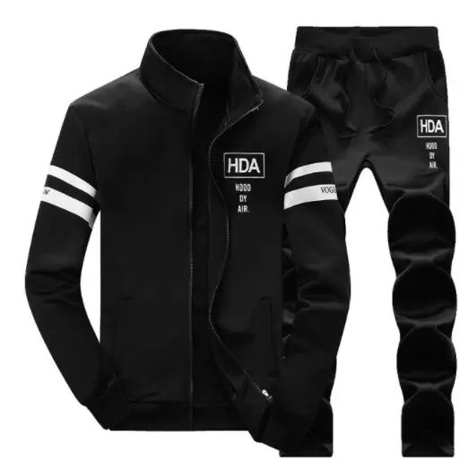 Autumn Casual Mens Tracksuit Set Zipper Spring Sets Fleece 3D Print Pleated Workout Hoodies Sweatshirt+Pants Suit Slim Fit - Цвет: EM075O Black