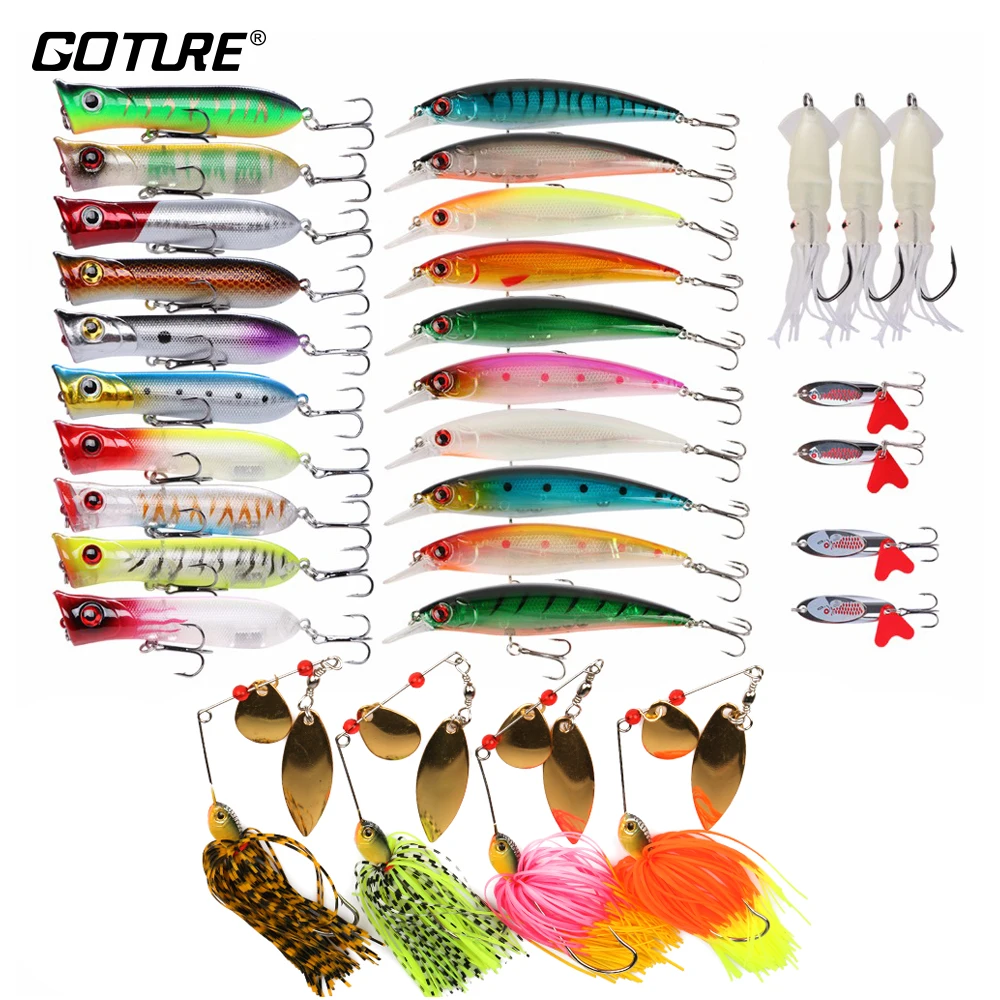 Goture 31pcs/33pcs Fishing Lure Kit Wobblers,Popper,Spinnerbait,Soft