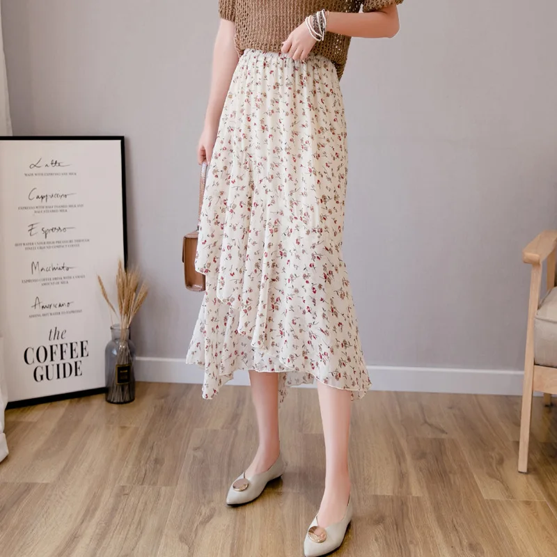 

Chiffon Floral Skirt Women Summer Vintage Slim Floral Print Fishtail Skirt High Waist Mid-calf Ruffles Skirts