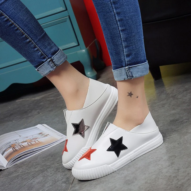 

COOTELILI 35-39 Spring Casual Flats Women Shoes Solid Soft Leather Round Toe Ladies Loafers Slip-On Shallow Star Female Footewar