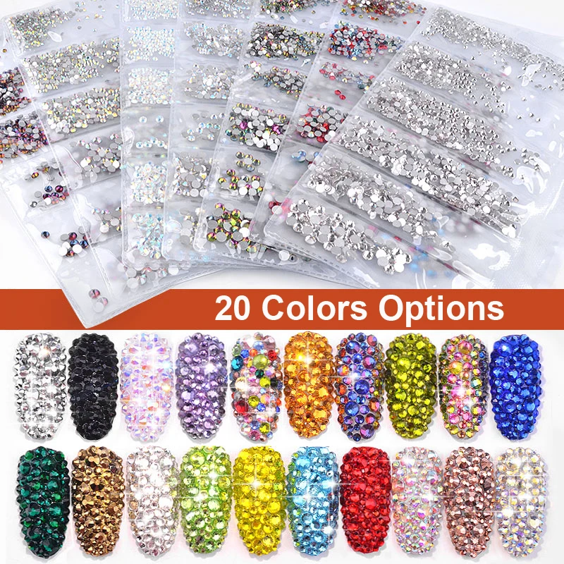 

1 Pack Flatback Glass Nail Rhinestones Mixed Sizes SS4-SS16 Nail Art Decoration Stones Shiny Gems Manicure Accessories 20 Colors