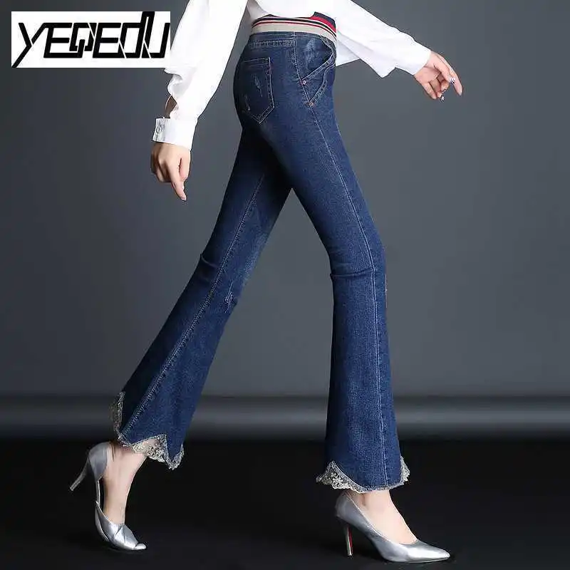 #2926 Spring 2019 Elastic High Waist Flare Jeans Lace Skinny Stretch Denim Clothing Women Slim Hip Skinny Bell Bottom Jeans