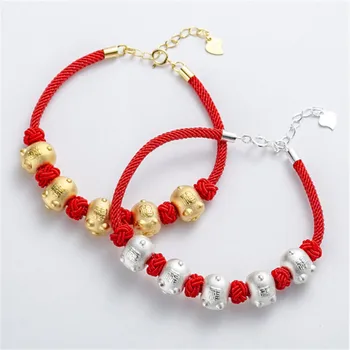 

Cute S990 Sterling Silver Pig Charm Bracelet Lucky Red Rope Bracelet Five Golden Fu Pigs Five Blessings Fashion Female Jewelry