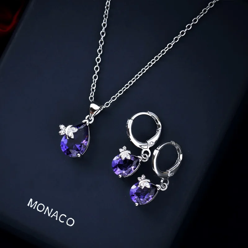 OMHXZJ, индивидуальная мода, OL, женская фиолетовая бабочка, циркон, 925 пробы, серебряные серьги+ ожерелье, ювелирный набор SE12