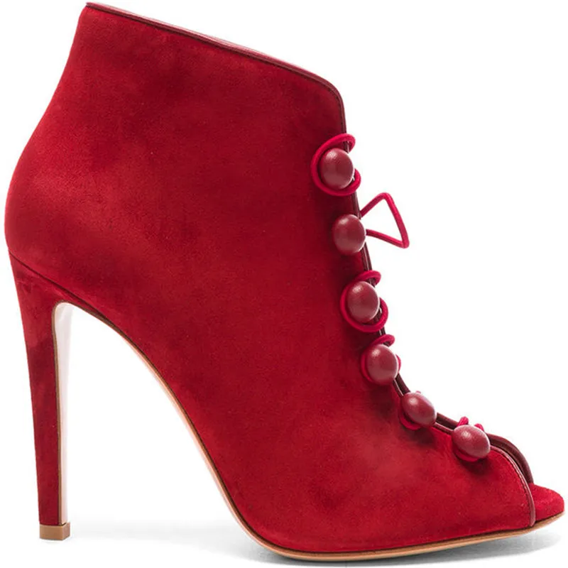 

Red Suede Leather Peep Toe Women Ankle Booties Embellished Buttons Imperia Leather Trim Party Sandals Boots Shoes Woman