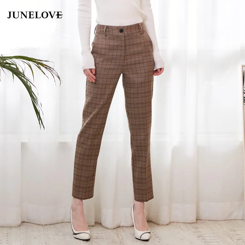 

JuneLove 2018 spring casual plaid straight pants female zipper fly ankle length pants office lady high waist pants bottoms