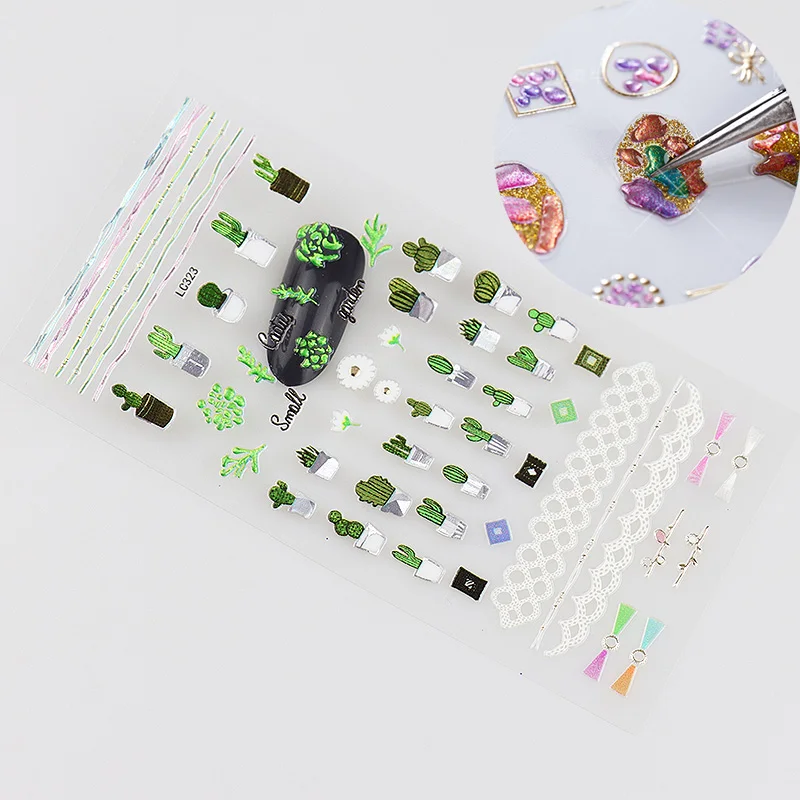 

1PC 3D Nail Art Sticker Decal Cactus Gold Jewelry Flower Starry Designs Slider For Nail Adhesive Transfer Decoration