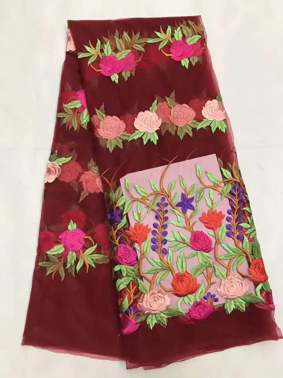 

5 Yards/pc Top sale wine french net lace fabric and nice flower design african mesh lace for party dress LJ5-4