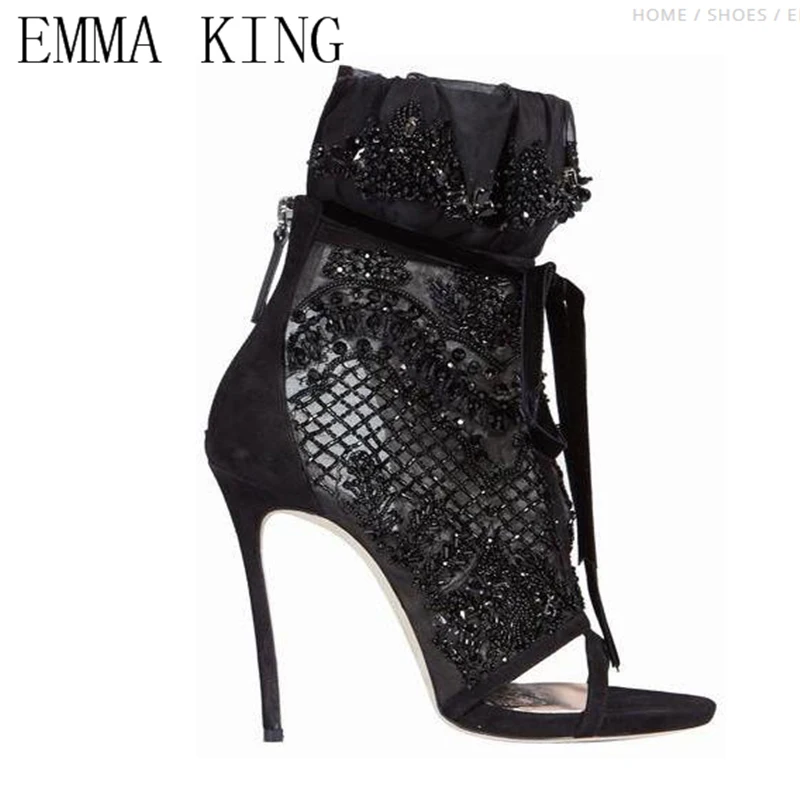

Black Lace Ladies High Heel Sandals Luxury Black Diamond Straps Open Toe Sandals Zapatos De Mujer Women Shoes