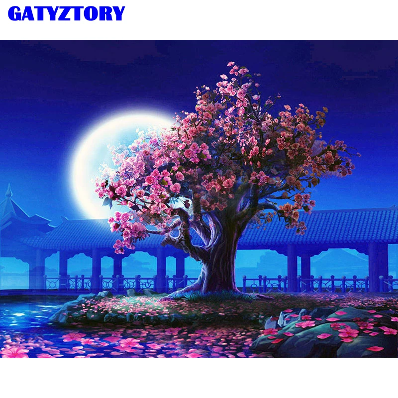 

GATYZTORY No Frame Peach Blossom DIY Painting By Numbers Landscape Vintage Wall Painting Acrylic Paint On Canvas For Living Room