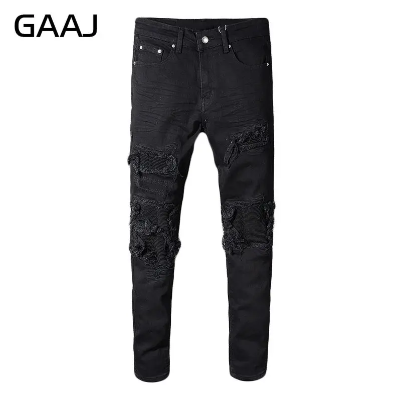 

GAAJ Famous Designer Brand Men's black patchwork stretch denim biker jeans for motorcycle skinny ripped pencil pants 86SQ9#