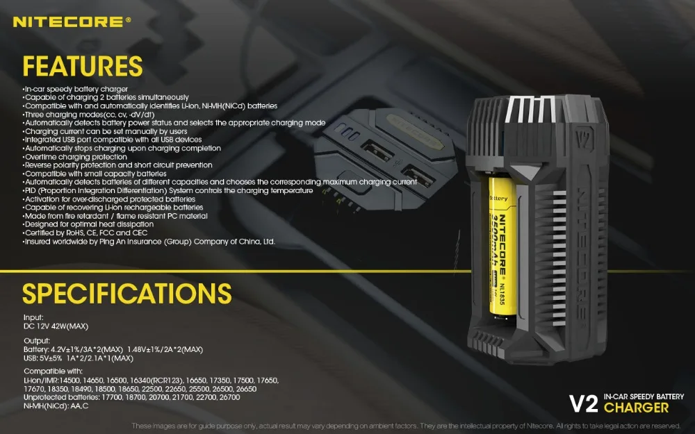 NITECORE V2 6A 2-х канальный во время езды в автомобиле быстрого Батарея Зарядное устройство, украшенное мозаикой из драгоценных камней, 12V Зажигалка HDMI DVI Переходник HDMI DVI и Порты usb для 18650 RCR123A 17650 14500 AA