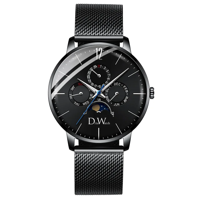 DITA мужские часы 2.5D Hardlex Mirror Moon Phase полный Календарь Неделя дисплей водонепроницаемые наручные часы Мода Erkek Kol Saati - Цвет: black(alloy)