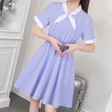 2019 Summer Dress Women Elegant Plaid Casual Short Dress Bow Tie V Neck Dresses Korea Short Sleeve Slim Mini Office Ladies Dress short sleeve self tie dolman dress