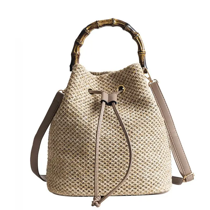 

New Drawstring Women's Straw Bucket Bag Summer Woven Shoulder Bags Shopping Purse Beach Handbag Straw Handbags Travel Bag Tote