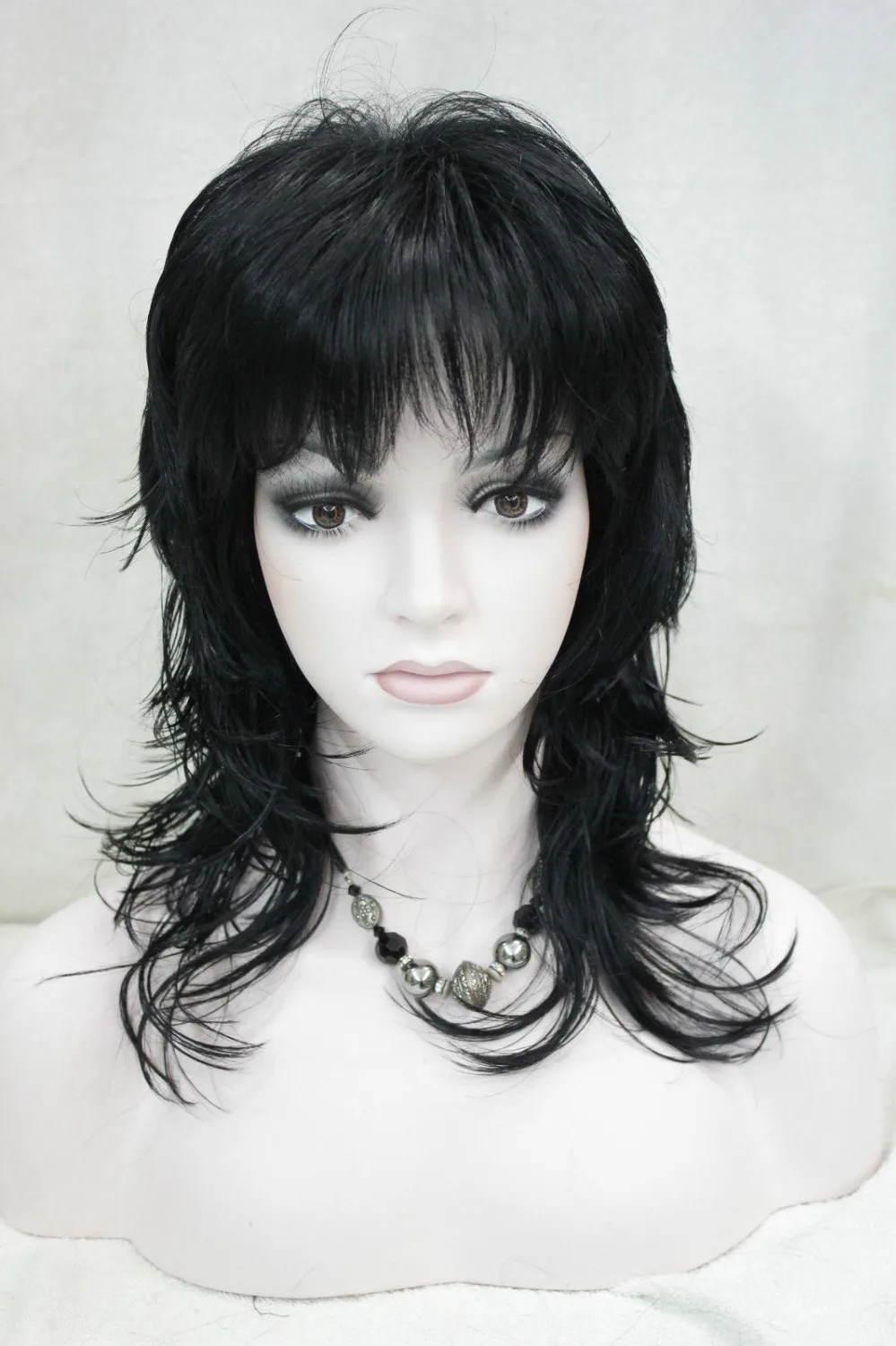 0000120 New Fashion Jet Black Synthetic Hair Layered Wavy Medium