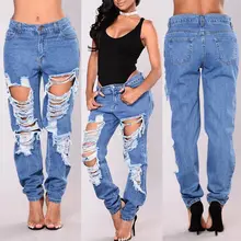 Мода г. Для женщин женские стрейч Рваные джинсы джинсовые штаны Высокая талия прямо Для женщин Свободные Джинсы для женщин