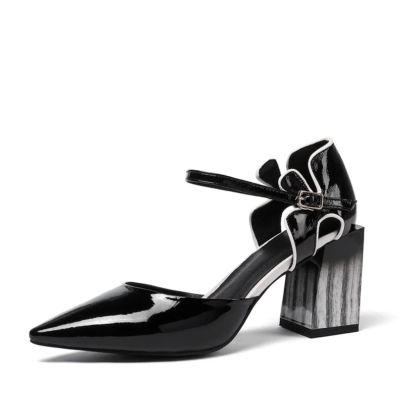 WETKISS/босоножки на высоком каблуке в полоску; женская обувь с острым носком и вырезами; обувь с ремешком на щиколотке; женская обувь из коровьей кожи; женская летняя обувь - Цвет: Черный