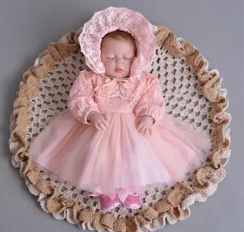 

3PCs per Set Baby Girl Baptism Dress Pink Infant Girl Christening Gown Lace Silver Crown Headband Embroidery Hat 0-24Months