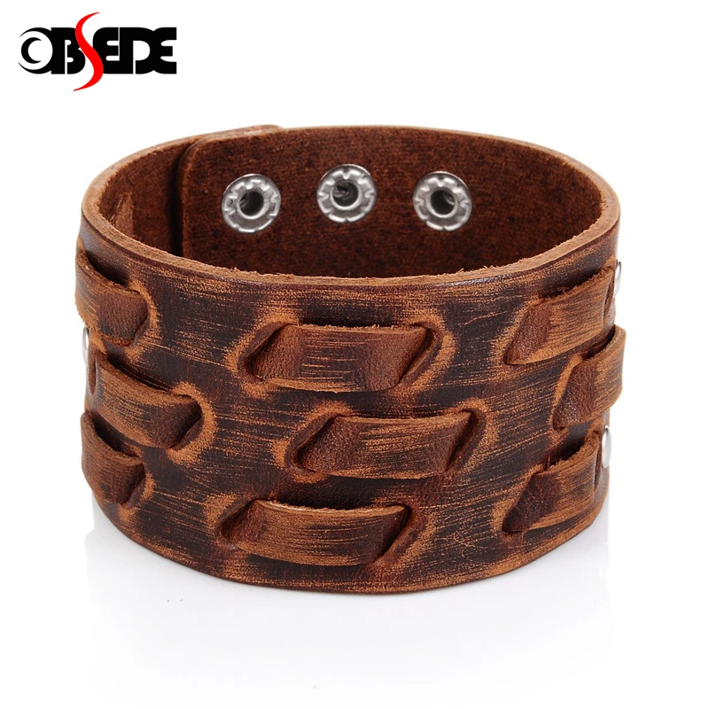 OBSEDE New Fashion Men Wide Leather Bracelet Brown Wide Cuff Bracelets