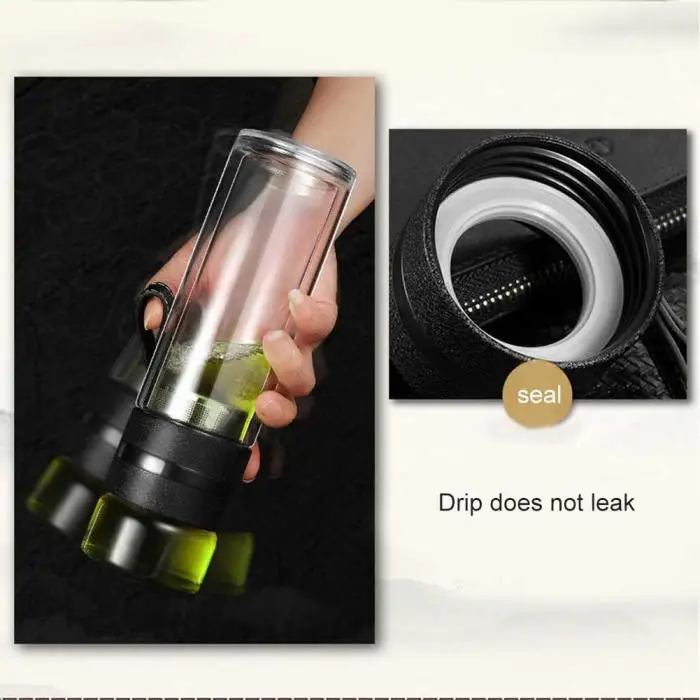 Transparent Glass Tea Cup Portable Water Tea Bottle with Separate Cup@LS