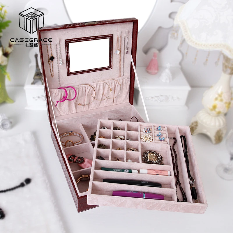 

Casegrace fine women gift makeup storage glossy PU leather big capacity lattice locking jewelry storage organizer boxes 01104
