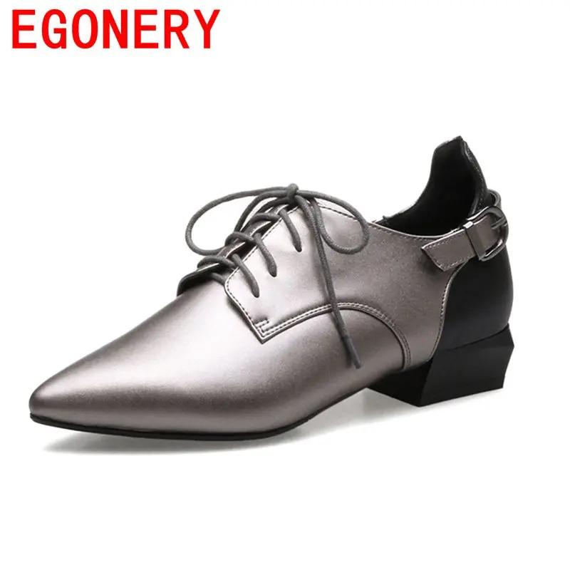 

EGONERY shallow lace-up pumps buckle low heels breathable pointed toe zapatos mujer comfortable shoes for women large size