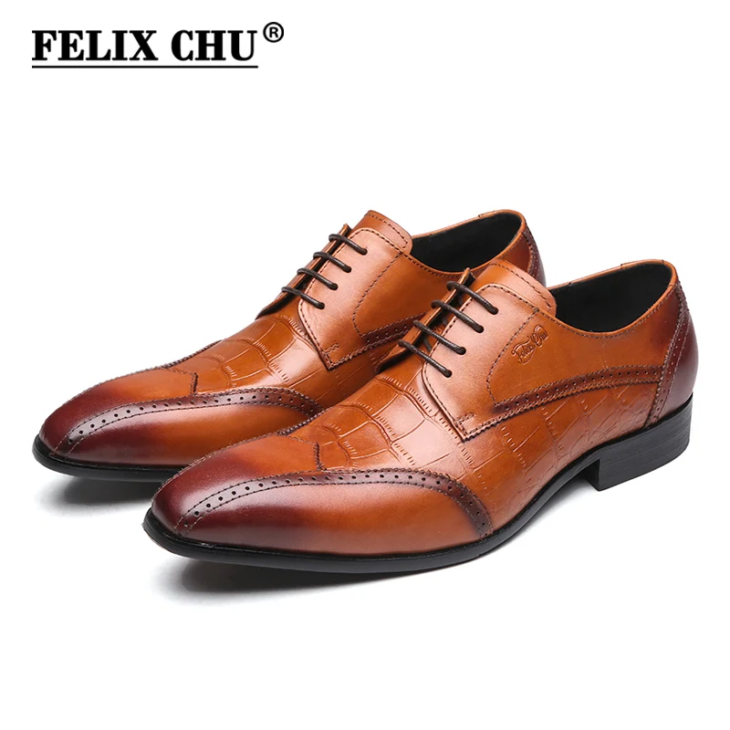 

FELIX CHU Mens Formal Shoes Genuine Leather Crocodile Print Brown Derby Shoes Party Office Lace Up Mans Dress Footwear Business