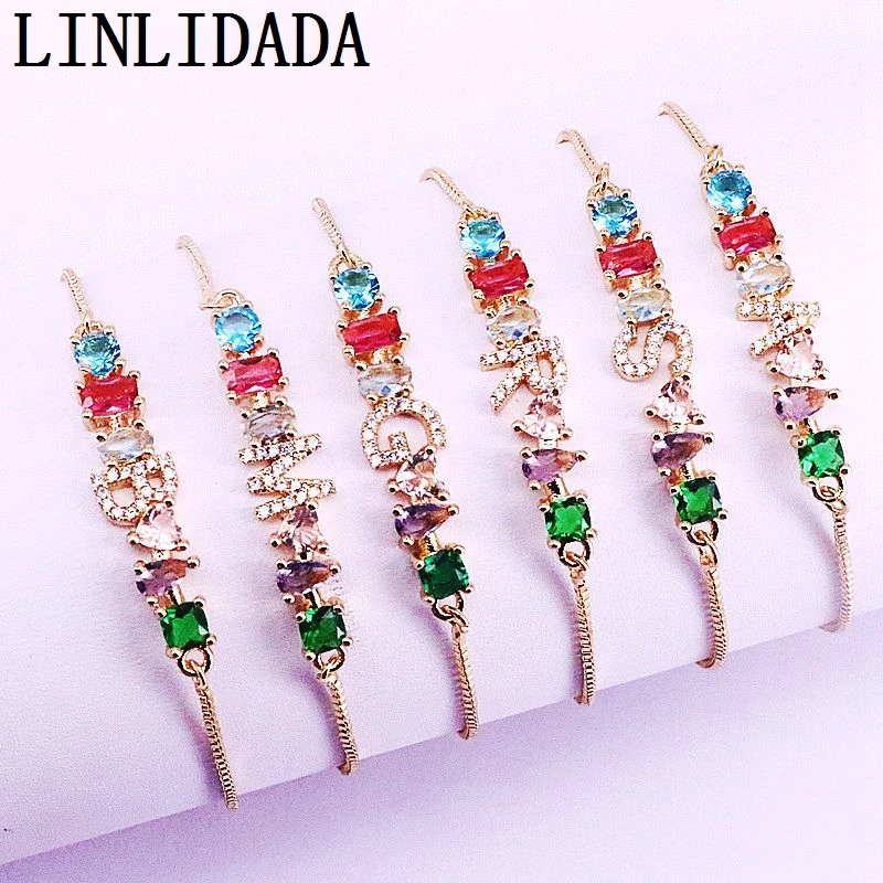 

10Pcs Gold Color 2019 Hot Fashion Jewelry Rainbow CZ Cubic Zirconia 26 English Letters Adjustable Bracelets for Women