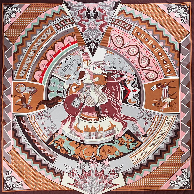 

POBING 100% Twill Silk Scarf Women Horse Knight Print Square Scarves Big Bandana Kerchief Hijab Scarf Female Head Scarf Foulard