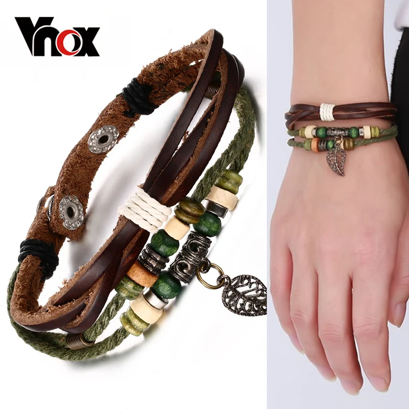Vnox, коричневый браслет из натуральной кожи, мужской браслет из нержавеющей стали, модный ретро Шарм, ювелирные изделия для женщин