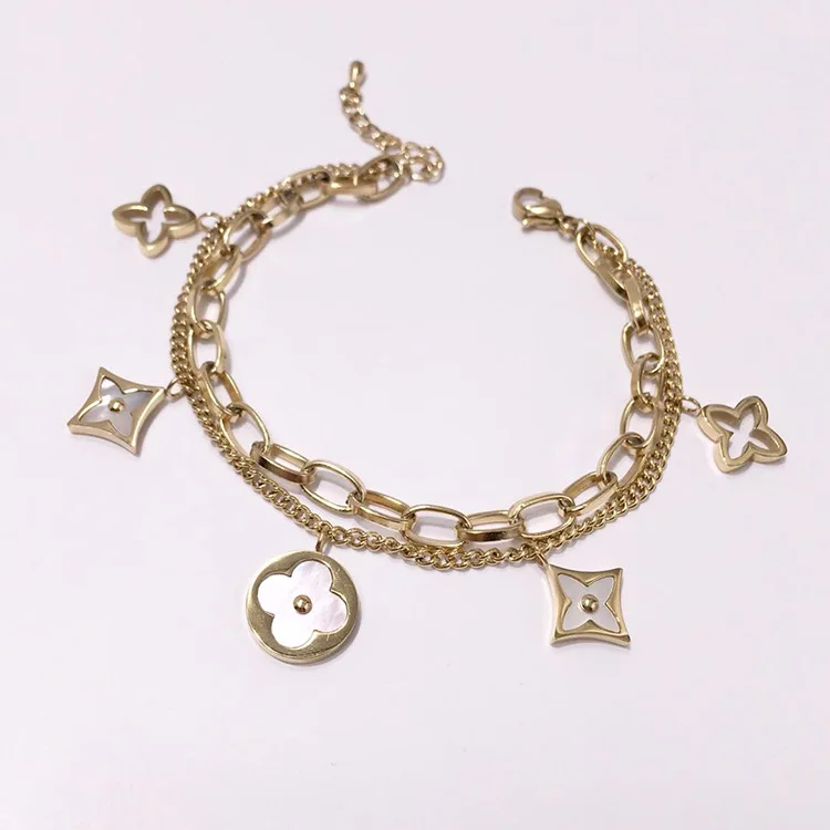 

High quality exquisite brand stainless steel White shellfish clover love Bracelet for women double chain fashion jewelry
